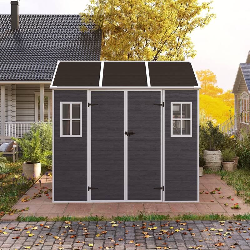 8*7ft Outdoor Storage Shed, Outdoor Resin Shed with Two-Window and Double-Door, Plastic Shed with Floor for Garden, Yard, Lawn