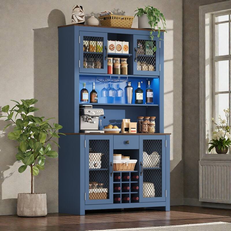 Rustic 70.9" Kitchen Hutch Pantry with LED Lights, AC/USB Outlets, Wine Bottle Rack, Glass Storage and Adjustable Shelves