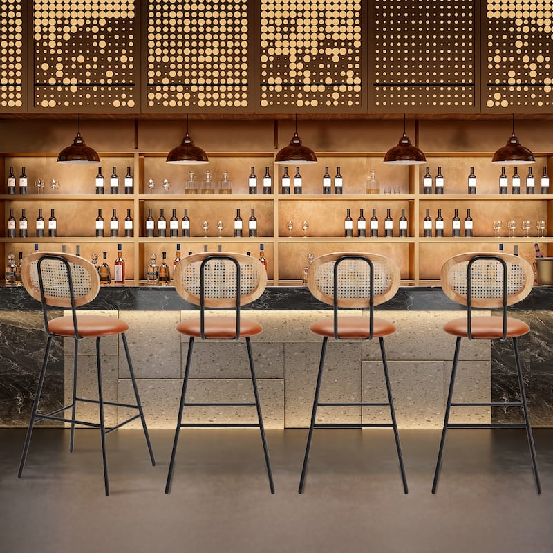 Stools Set of 2, Bar Stools, Indoor Metal Counter Height Barstools, Leather Counter Stool with Rattan Backrest
