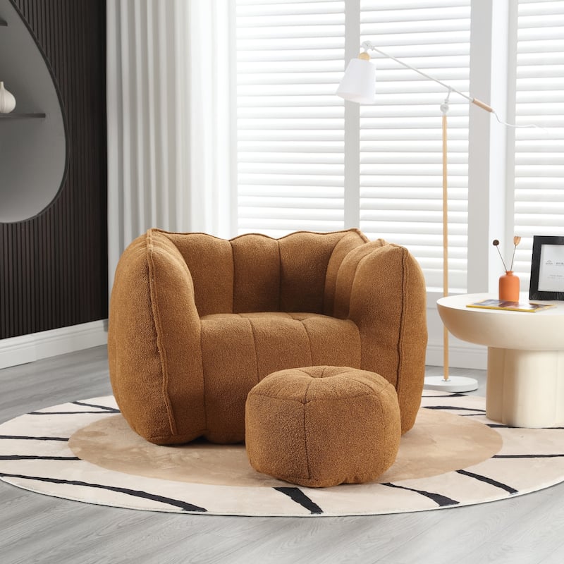 Khaki+Yellow Modern 42.5" Chenille Upholstered Buttons Tufted Accent Chair with Ottoman for Living Room
