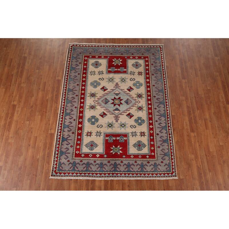 Geometric Kazak Rug Hand-Knotted Dining Room Wool Carpet - 6'0" x 8'2"