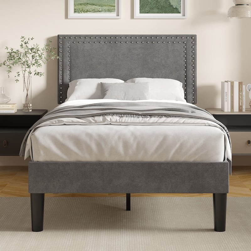 Upholstered Platform Bed Frame with Adjustable Headboard Velvet Nailhead Trim No Box Spring Needed - Grey - Twin