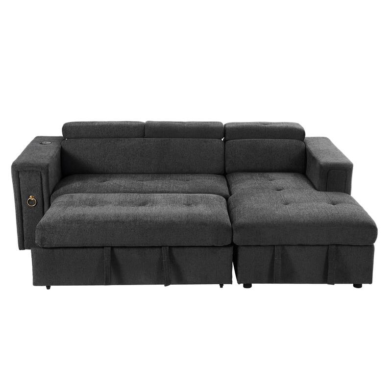L-Shaped Pull Out Sofa Bed Modern Convertible Sleeper Sofa with 2 USB ports, 2 Power Sockets and 3 Pillows