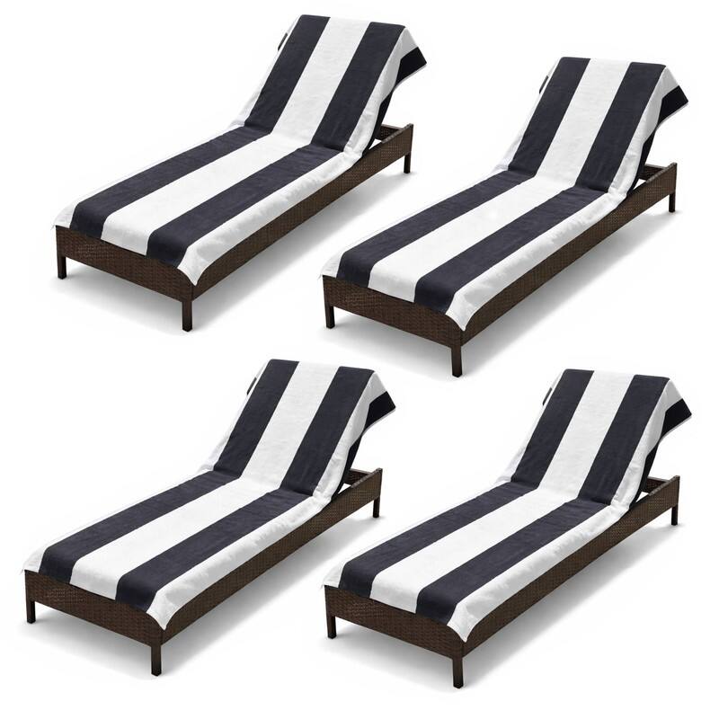100% Cotton Cabana‑Stripe Lounge Chair Cover Terry Towel with Fitted Pocket & Back Flap Set of 4