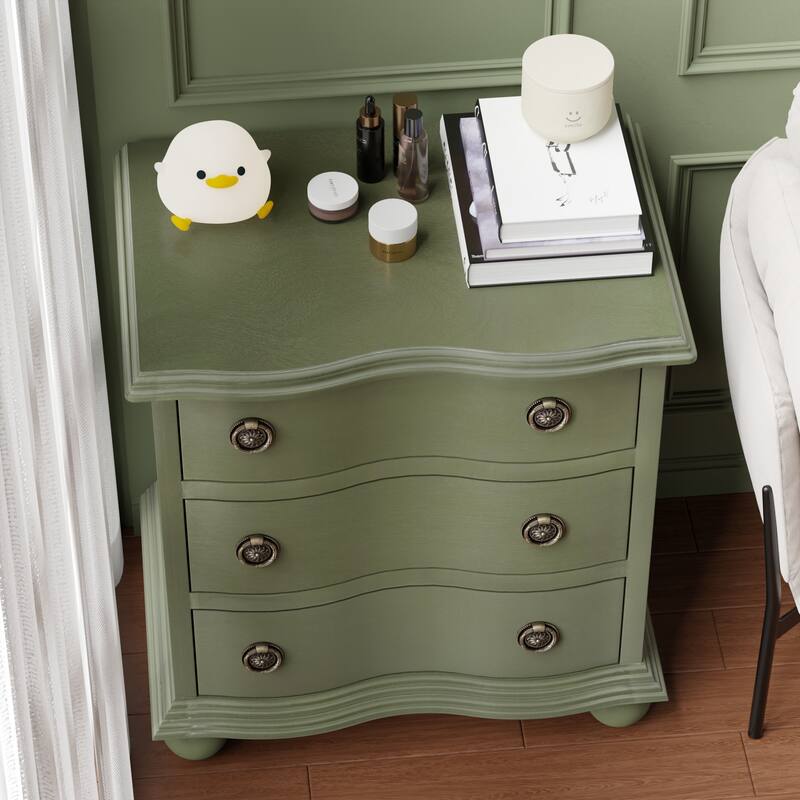 COZAYH Farmhouse 3 Drawer Nightstand with Distressed Wood Finish, Rustic Vintage Dresser with Curved Front Design