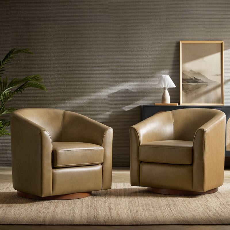 Althea Modern Genuine Leather Swivel Barrel Chair with Solid Wood Base Set of 2 By HULALA HOME