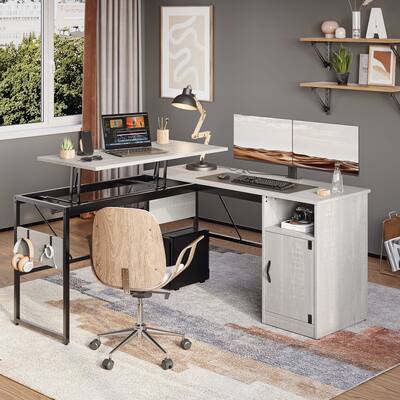 Sit to Stand L Shaped Desk with Lift Top, Standing Desk with Cabinet