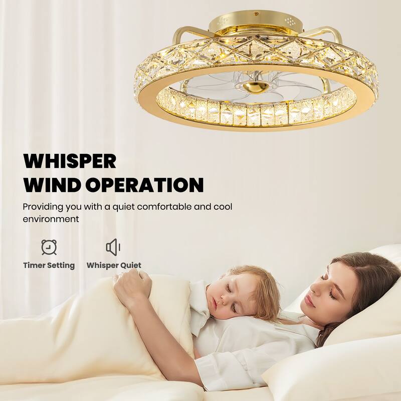 20'' Luxury Gold Crystal Flush Mount Dimmable Ceiling Fans with Light and Remote - 21''
