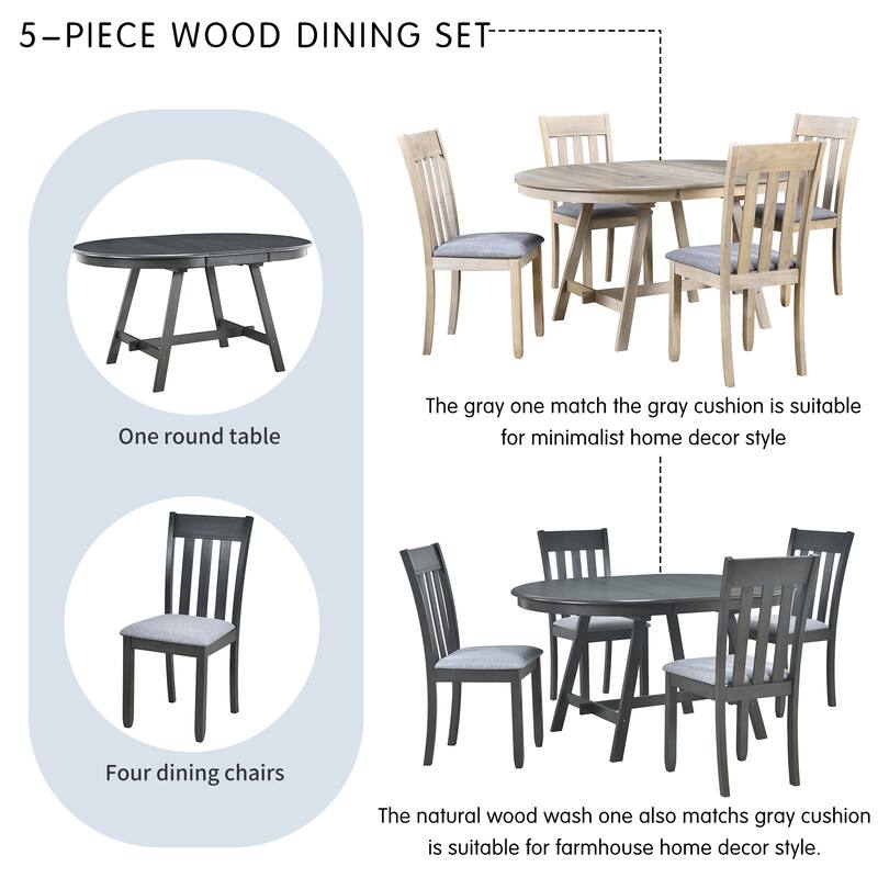 Practical Round Extendable Dining Table with 4 Dining Chairs, 5-Piece Wood Dining Table and Chairs Set for 4