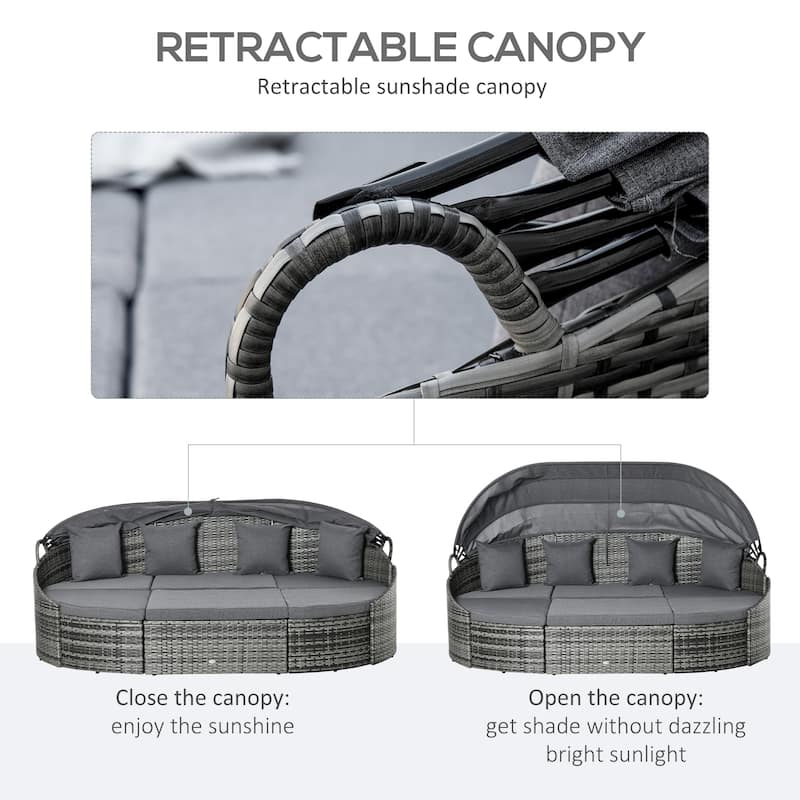 Outsunny 4 Pieces Patio PE Wicker Lounge Set, Outdoor Rattan Garden Conversation Furniture Set, Round Sofa Bed