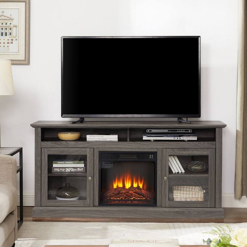 60'' American Traditional Style Contemporary TV Media Stand with Fireplace Insert - Dark Walnut - With Fireplace