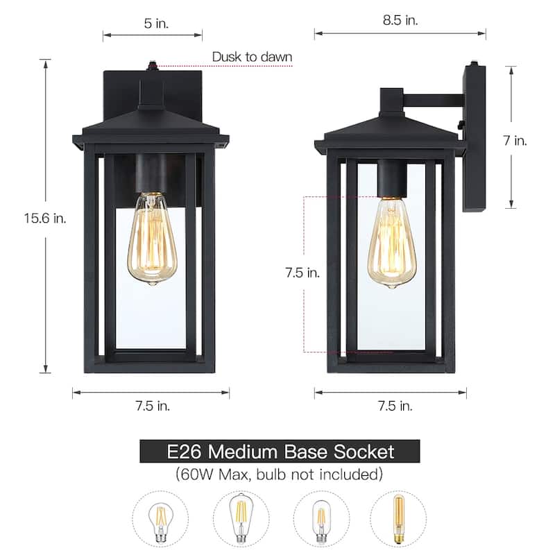 1-Light Black Dusk to Dawn Outdoor Wall Light - 15.6"H