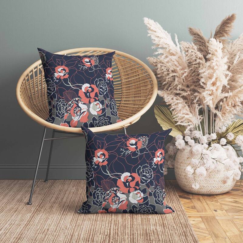 Regal Rose Retreat Indoor/Outdoor Reversible Throw Pillow Indigo and Red