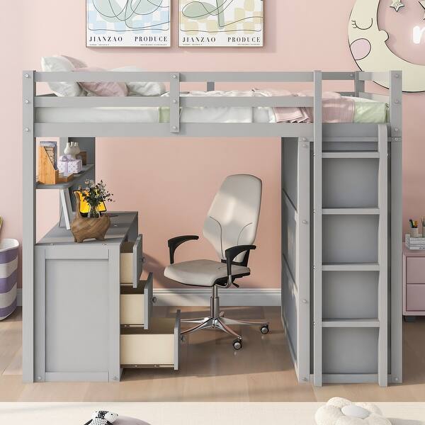 slide 2 of 13, Multifunctional Design Loft Bed with Built-in Drawers, Desk and Wardrobe, Efficient space, Full size, Grey