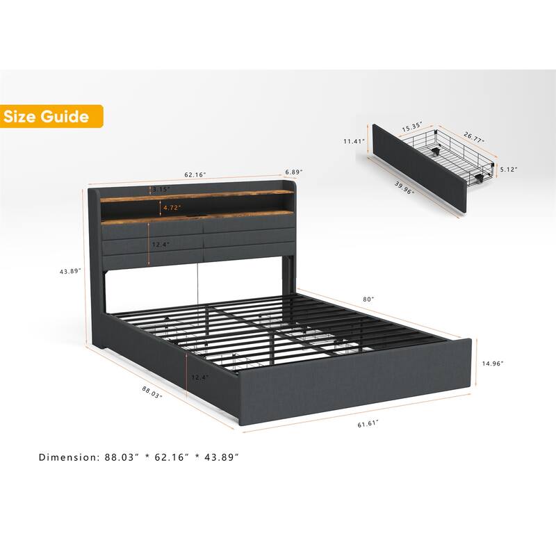Upholstered Platform Queen Size Bed Frame with Headboard LED Light and Charging Station