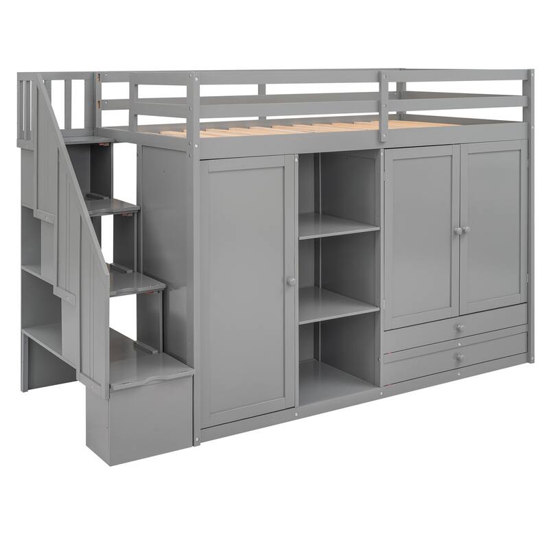 Space-Saving Loft Bed with Shelves, Wardrobes, Drawers, and Storage Ladder, Gray