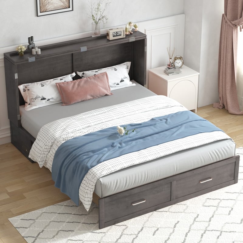 Mixoy Modern Murphy Bed Chest with Mattress,Storage Drawer,Charging Station