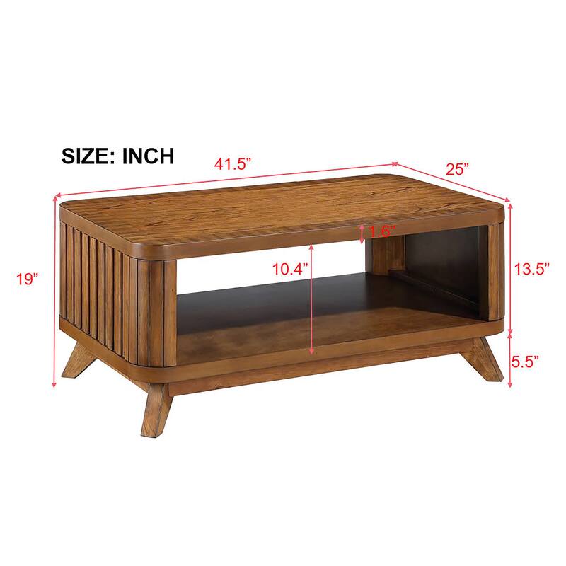 41.5" Rectangular Coffee Table, Solid Wood Fluted Coffee Table 2 Tier Storage Center Table Tea Table with Open Shelf