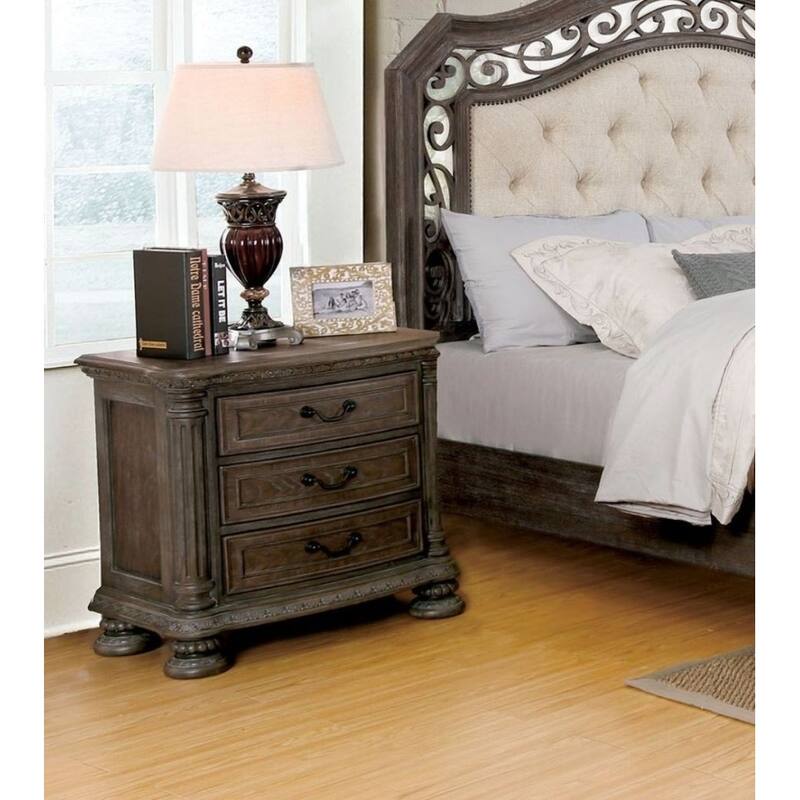 1pc Nightstand Bronze Hanging Pull Bedroom Bedside Table w 3-Drawers - Natural,Rustic