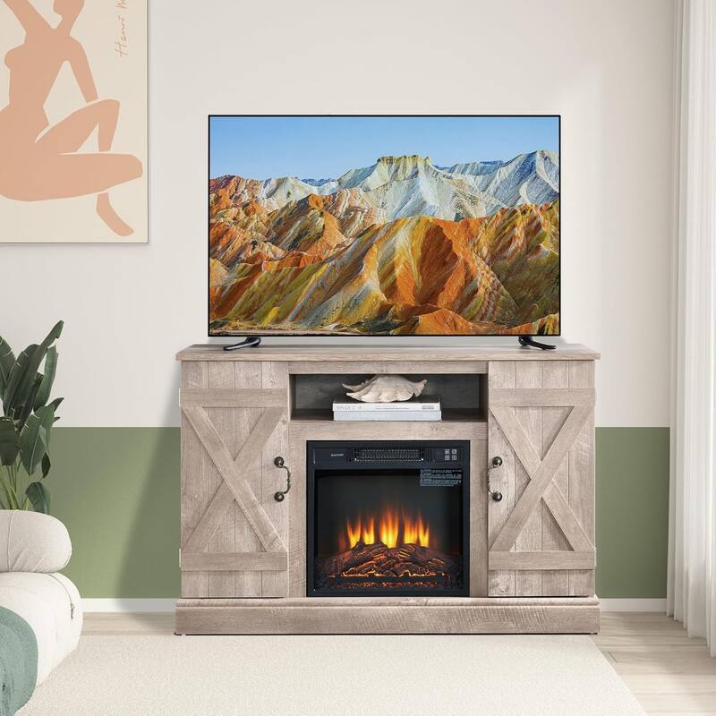 Roomfitters Farmhouse Classic Media TV Stand, Entertainment Console with 18" Electric Fireplace Insert