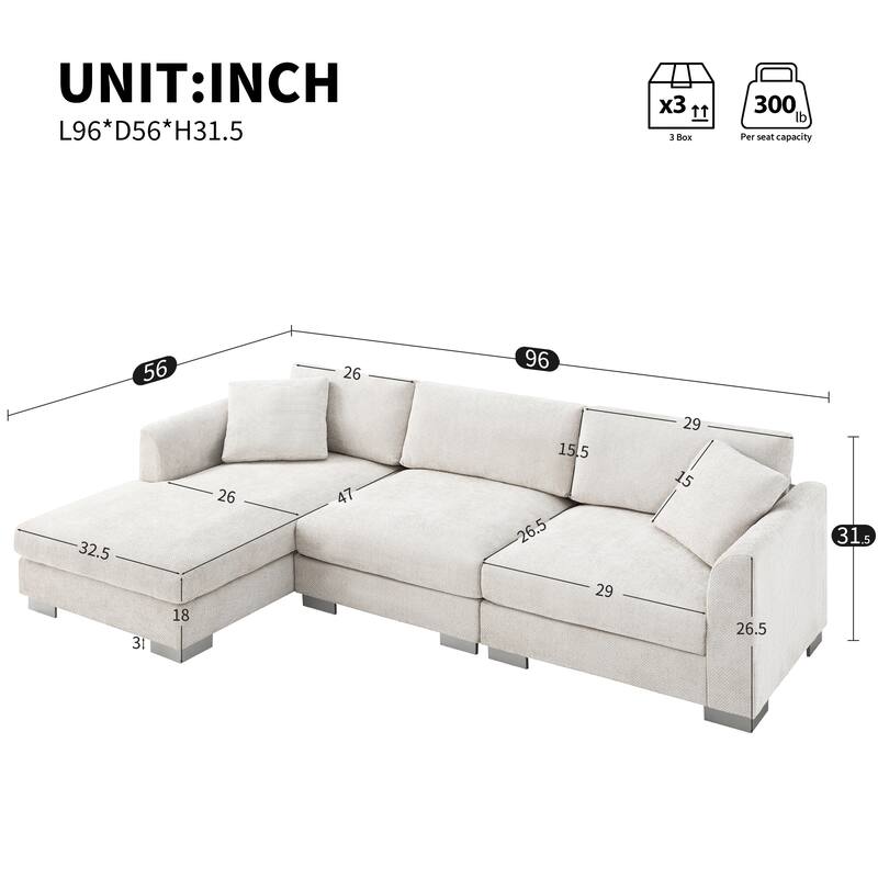 L-Shaped Sectional Sofa with Chaise Lounge, Oversized Chenille Upholstered Sofa, 4 Seater Sofa with 2 Throw Pillows - Minsk Gray
