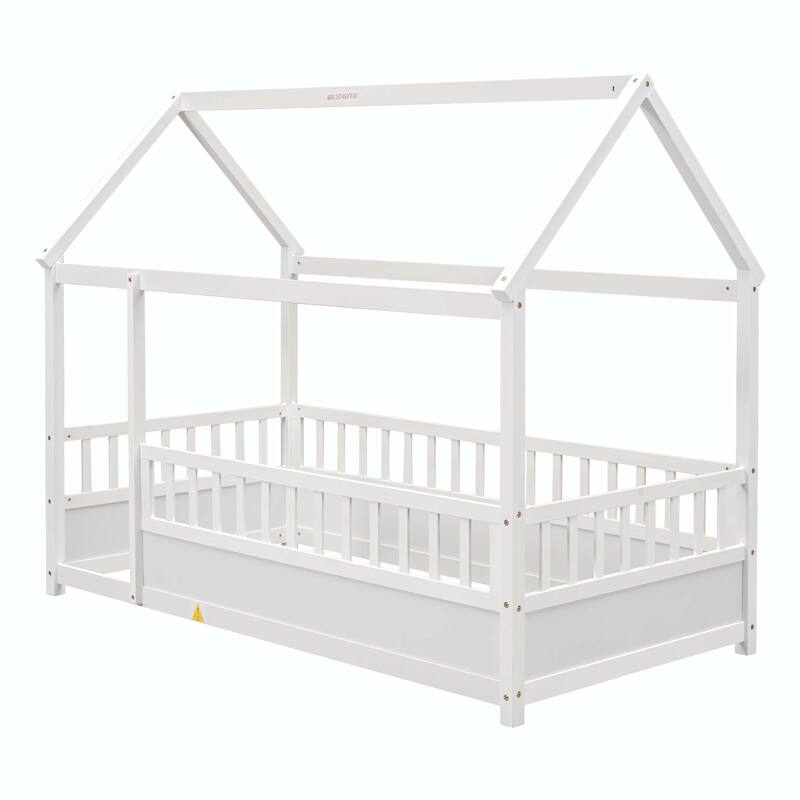 Twin Size Floor Wooden Bed with Fence Guardrails