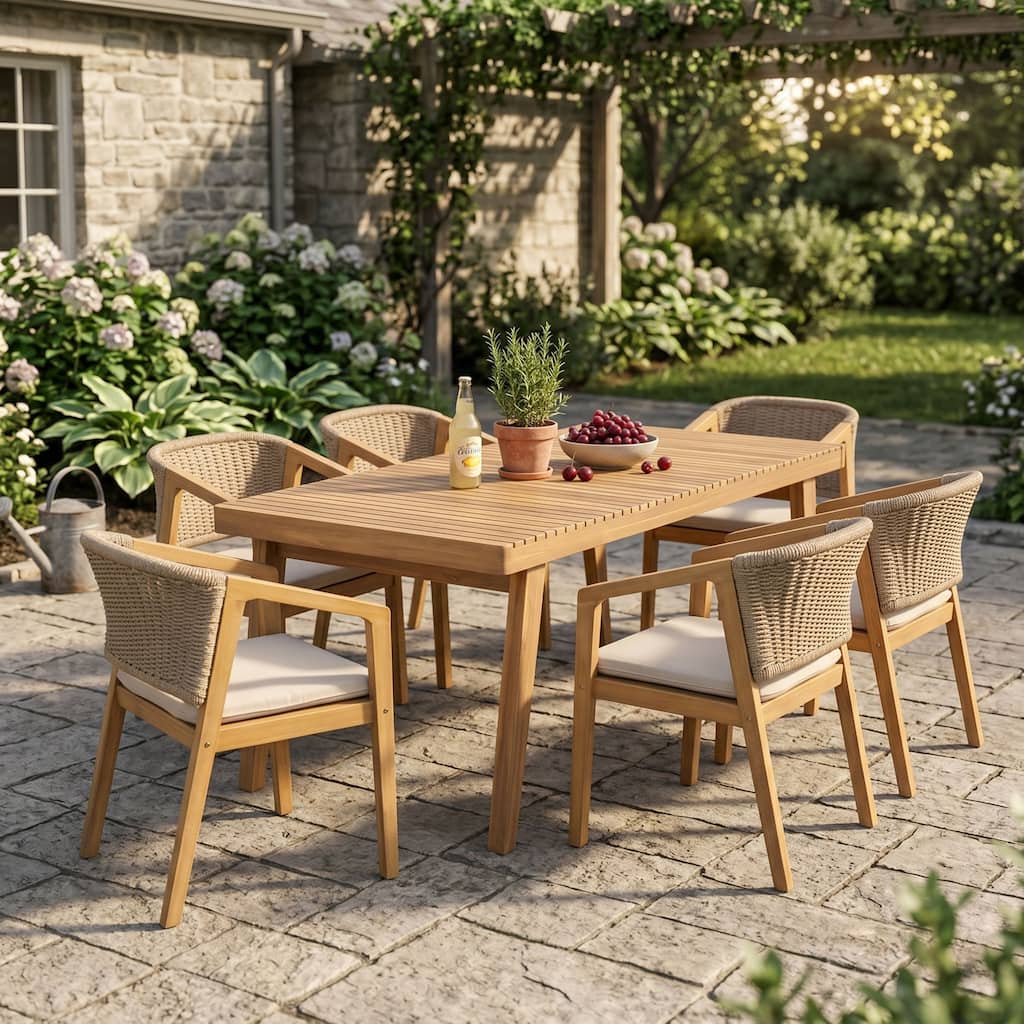 Christopher Knight Home - Rowan 7-Piece Outdoor Dining Set, Acacia Wood Slatted Table, Rope Back Armchairs & Detachable Cushions
