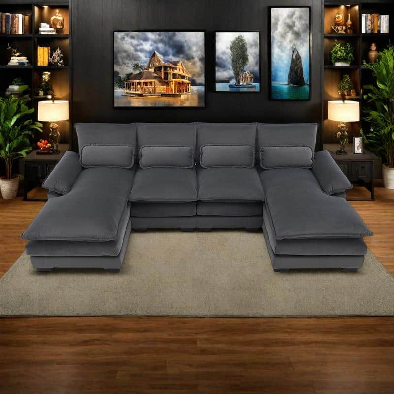110" U-Shaped Velvet Sectional Sofa with 6-Seat Modular Sleeper and Chaise Lounge & Lumbar Pillows (330lb/Seat Capacity) - Gray