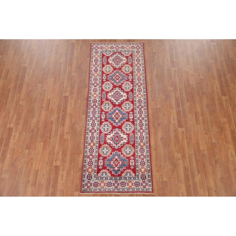 Hand Knotted Oriental 100% Wool Carpet Traditional Geometric Red Kazak Runner Rug - 7' 7'' X 2' 9''