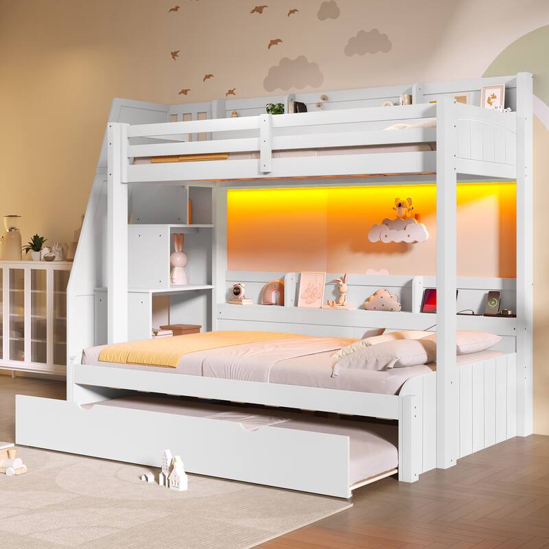 Twin over Full Bunk Bed with Storage Staircase - Trundle, Shelves, LED & USB for Kids Room