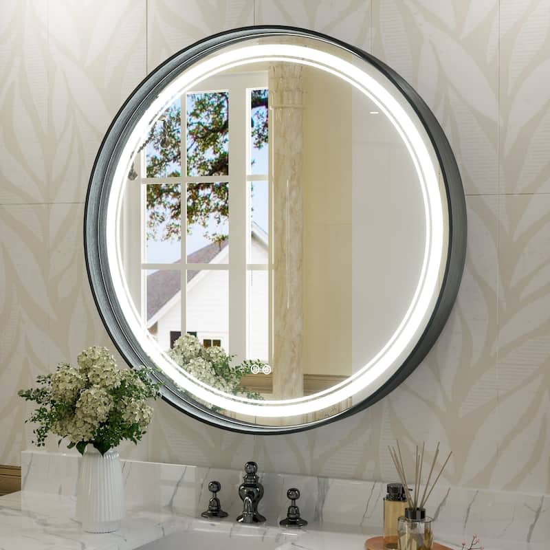 KEONJINN Round LED Front Light Bathroom Vanity Wall Mirror 3 Colors, Anti-fog, Metal Frame