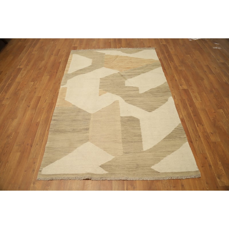 Hand Woven Oriental 100% Wool Carpet Southwestern Modern Beige & Ivories Kilim Area Rug - 5' 10'' X 3' 11''