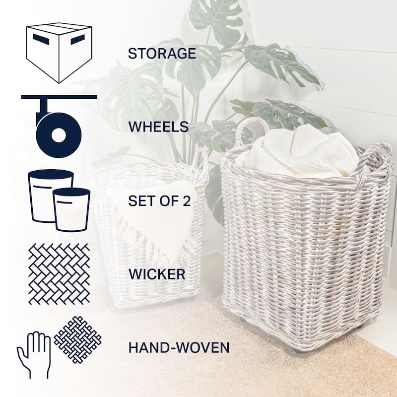 happimess Arbour Rustic Hand-Woven Rattan Nesting Baskets with Wheels and Handles, White Wash/Kubu Gray (Set of 2)