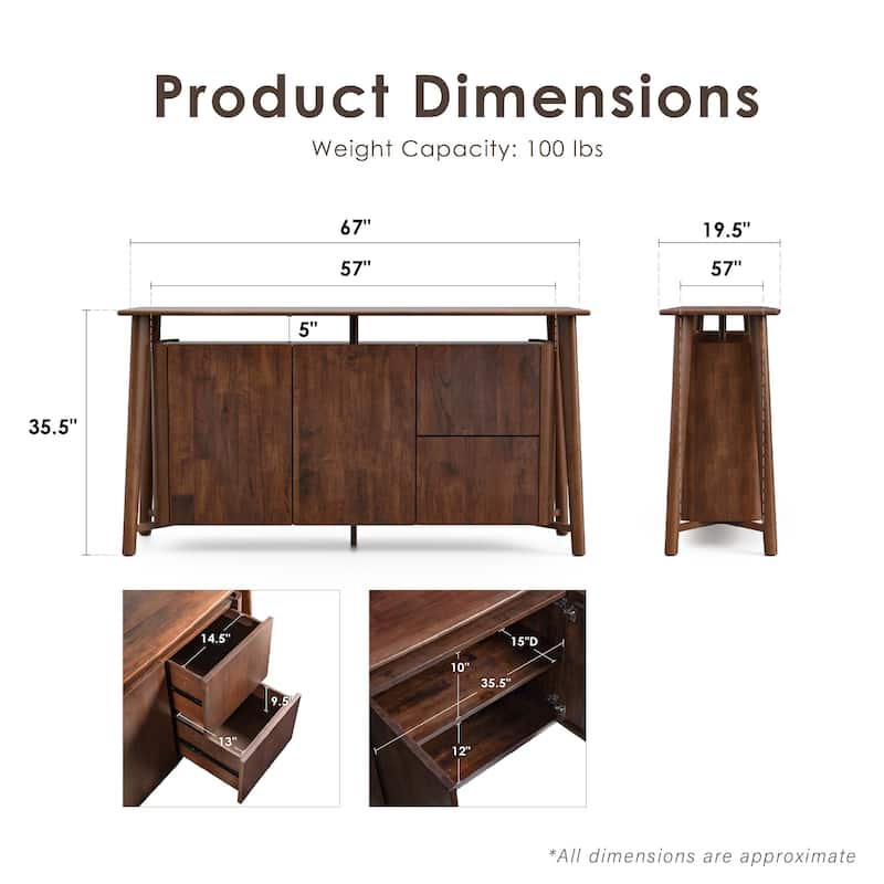 Furniture of America Abigail VI Mid-Century Modern Walnut Solid Wood Dining Server with Drawers and Shelves
