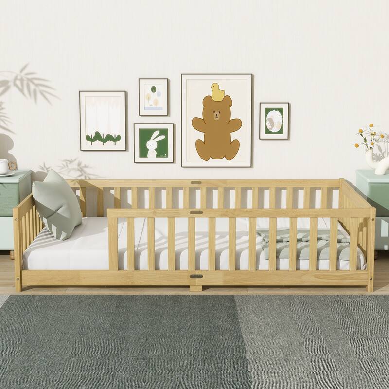 Rubber Wood Twin Size Floor Bed with Fence without Door - Natural