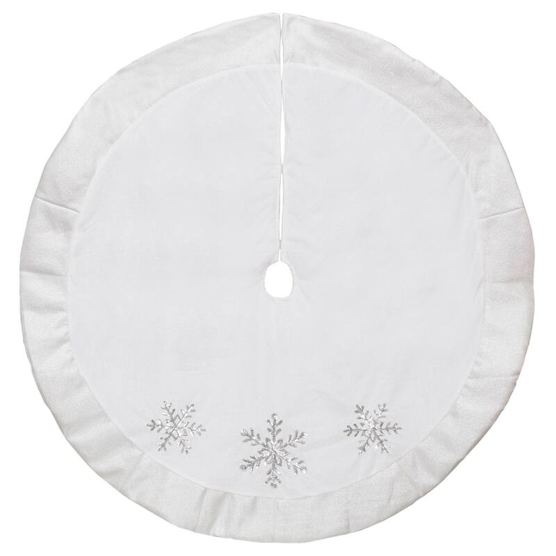 48" White and Silver Embroidered Sequin Snowflakes Tree Skirt - 48