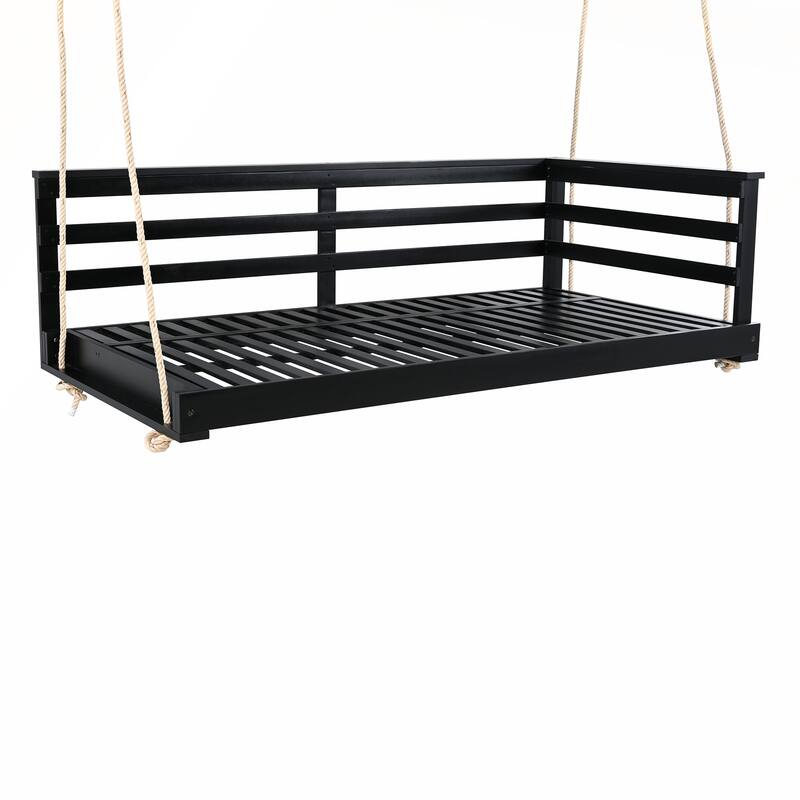 Country Patio Wooden Twin Size Swing Daybed with 4pcs 96-inch Hemp Ropes for Backyard and Garden
