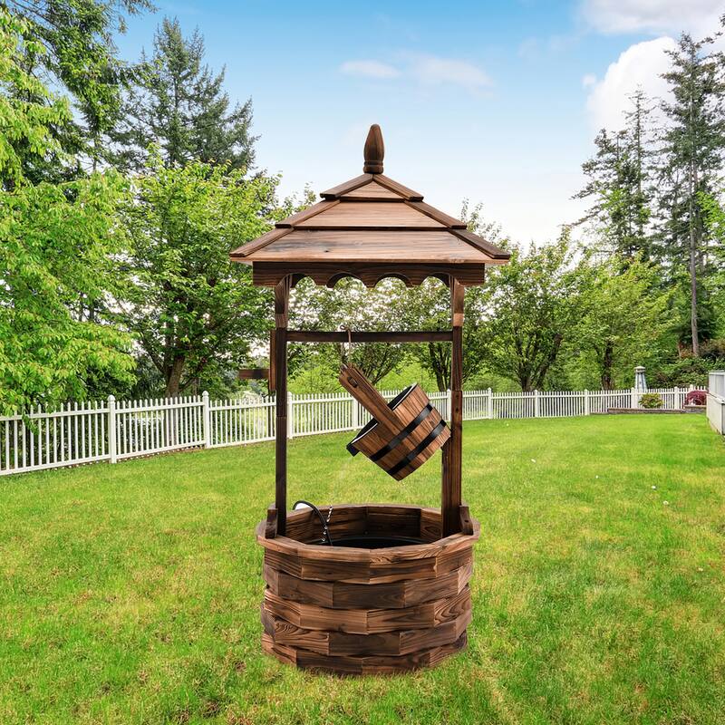 Gymax Rustic Wishing Well Fountain Outdoor Patio Wooden Water Fountain
