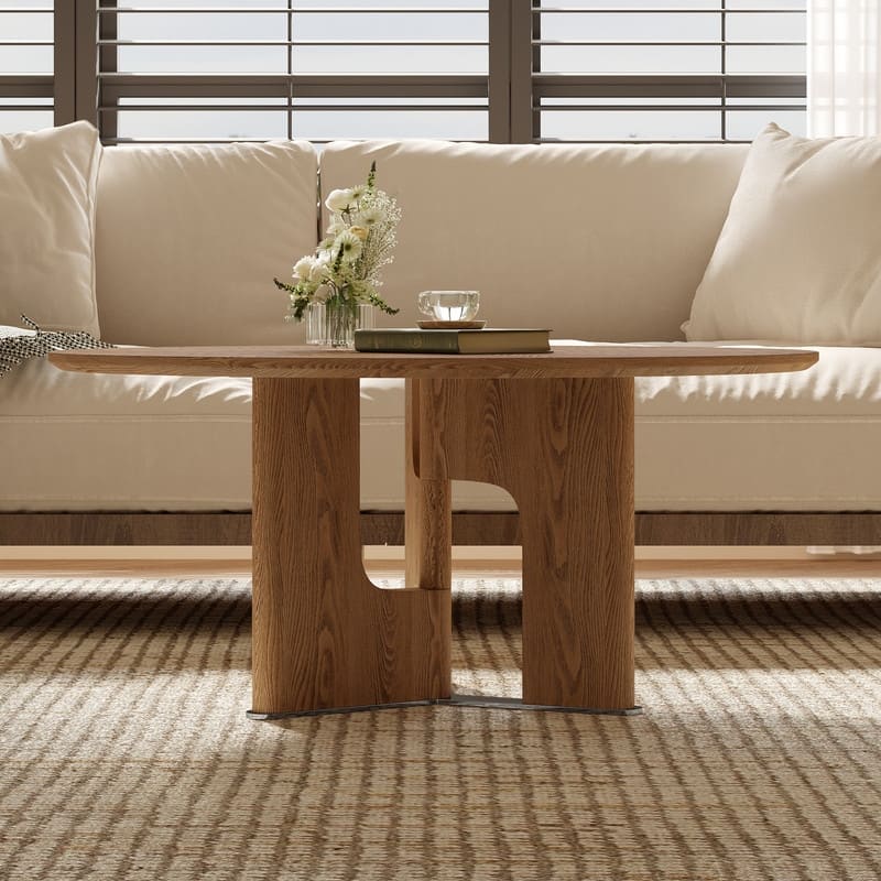 31.5 Inches Round Rustic Ash Wood Veneer Coffee Table for Small Living Room