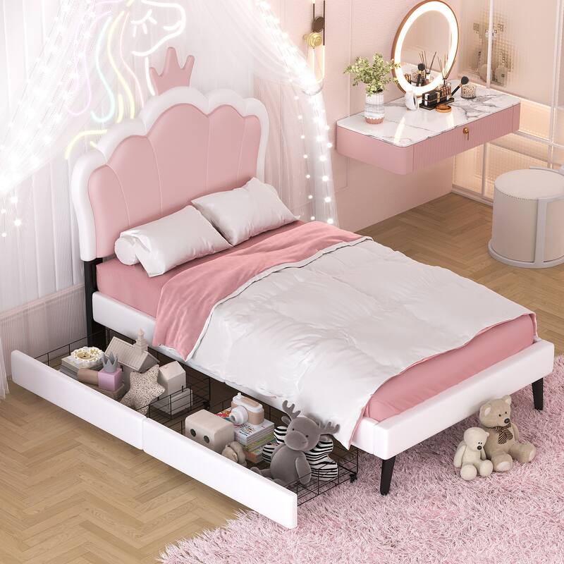 Twin Size Platform Bed with Crown Headboard and 2 Drawers, Upholstered Princess Bed - White+Pink - Twin