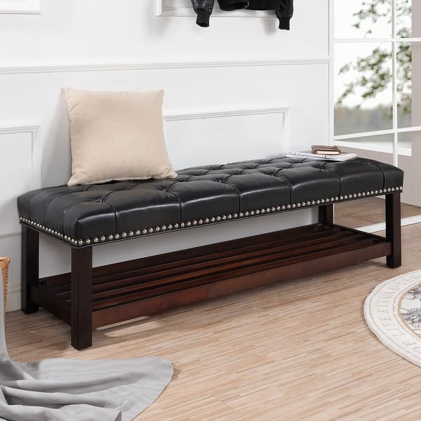 Wooden Upholstered Storage Bench with Shelf for Entryway Bed Bath