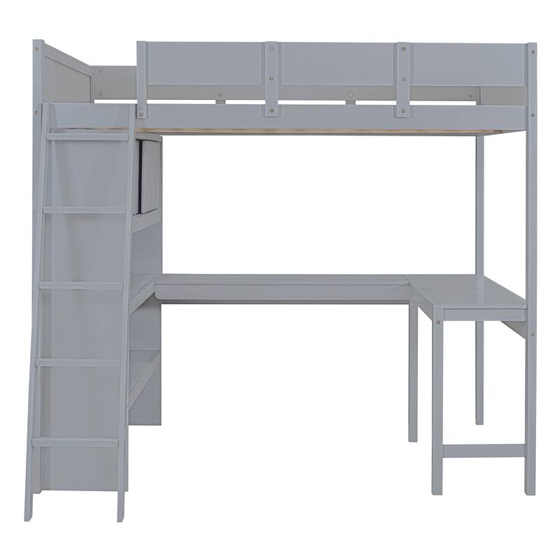 Full Size Loft Bed with Desk and Shelf in Gray and White