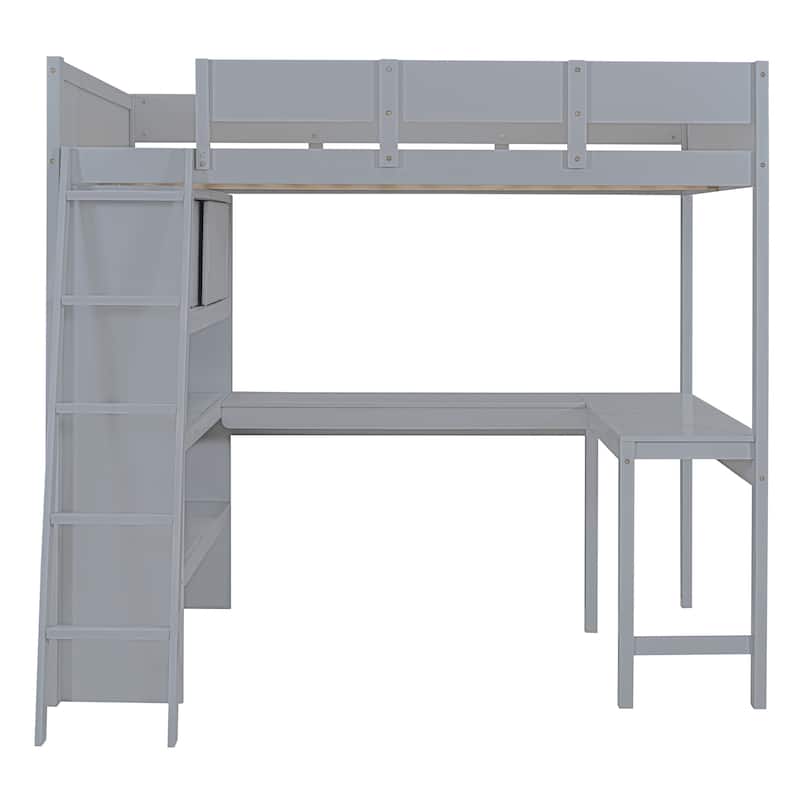 Gray Full Size Solid Wood Loft Bed with Desk and Shelf for Kids