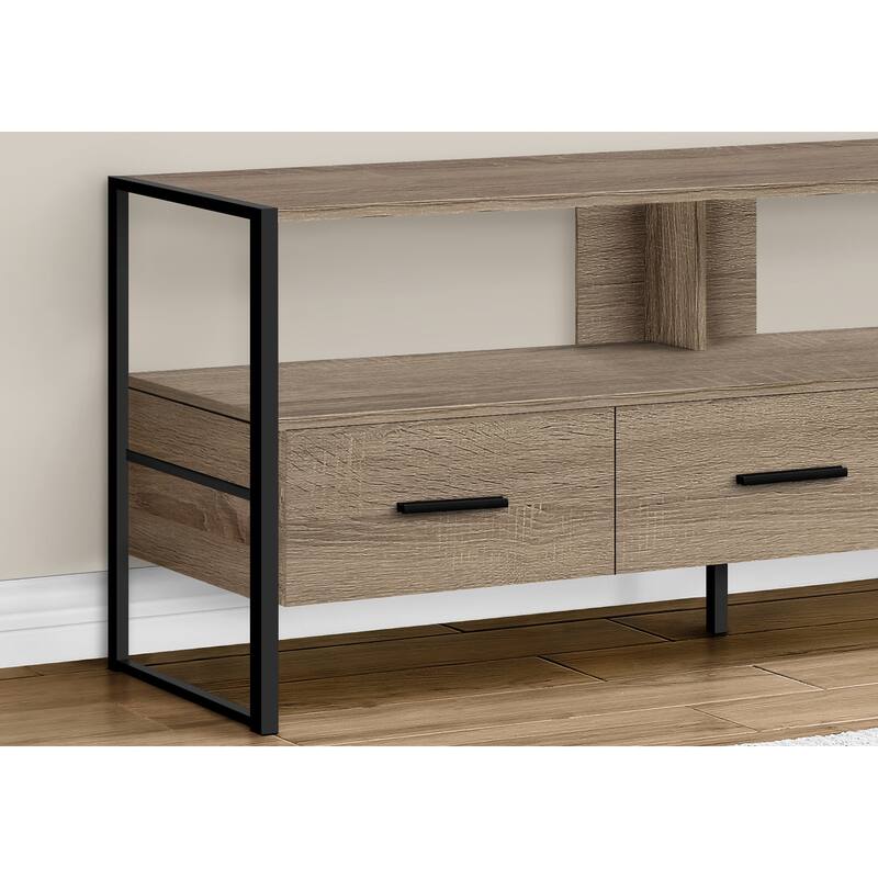 Modern 48" TV Stand, Industrial Design with 3 Storage Drawers & Open Shelves, Black Metal Frame