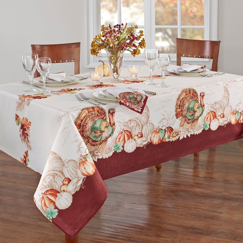 Holiday Turkey Bordered Fall Tablecloth - 60"x102" - Cream