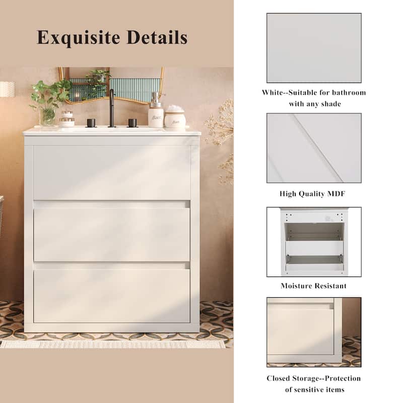 30" Freestanding Bathroom Vanity with Ceramic Sink - 2 Full-Extension Drawers, Soft-Close Slides & 45° Handle-Free Design