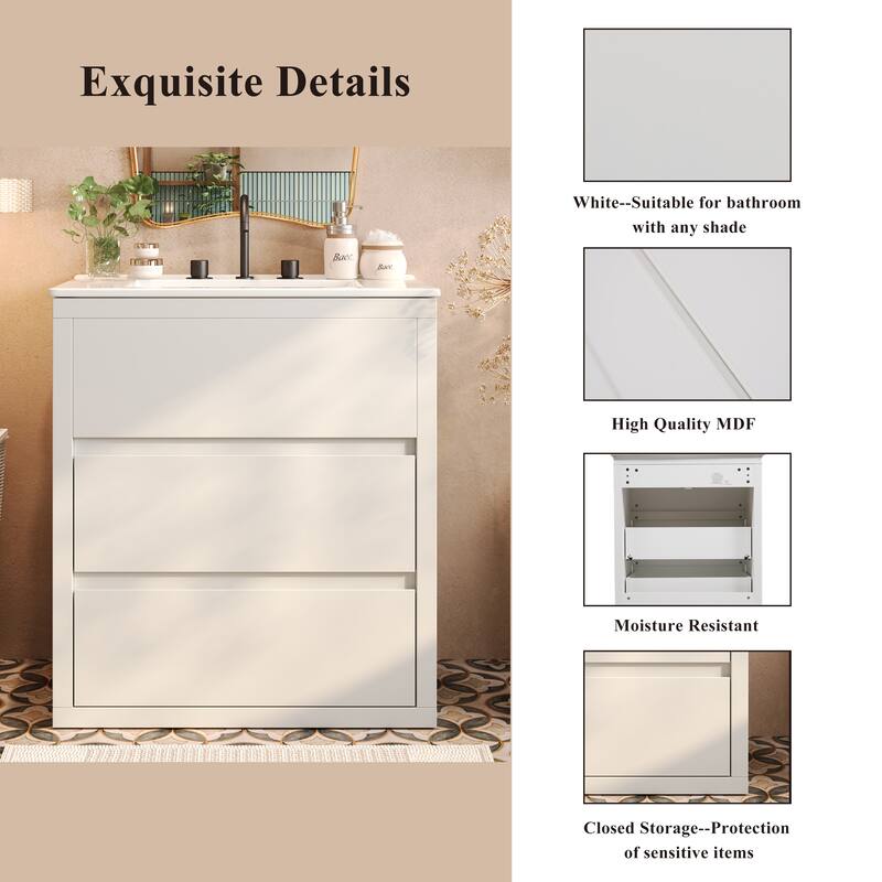 30" Vanity with Sink and 2 Full-Extension Drawers,Freestanding Vanity with 45°,Soft Close Undermount Drawer Slides