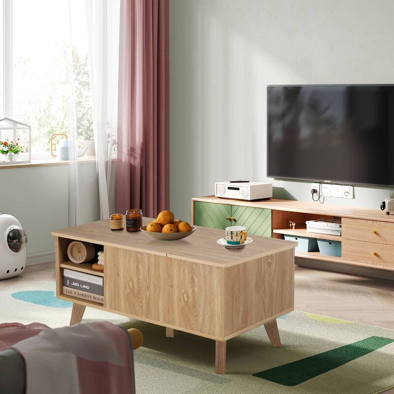 39.37 in. Wood Rectangular Lift-top Coffee Table Open Shelf - Natural