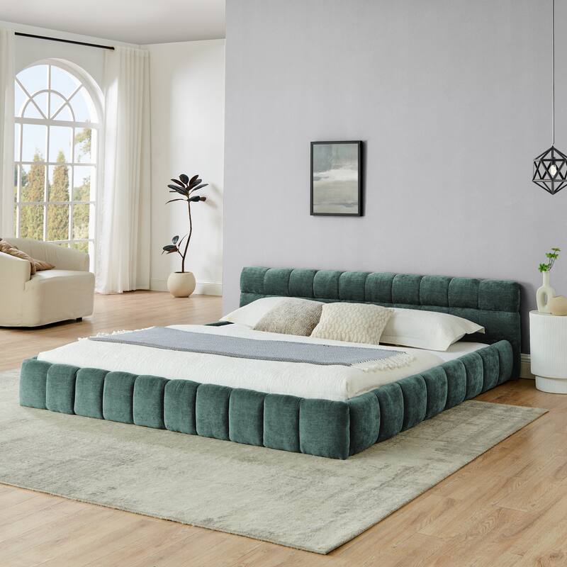 Grounded Bed Queen Size Platform Bed Thick Chenille Fabric Upholstered Bed with Wood Slats Support Bed Frame for Bedroom