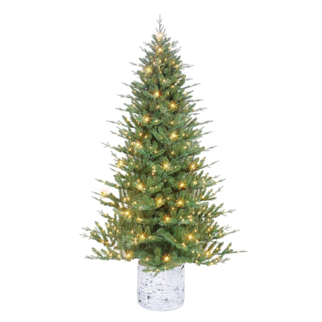 6.5' Potted Green Pine Medium Artificial Christmas Tree, Clear Lights - 6.5 Foot